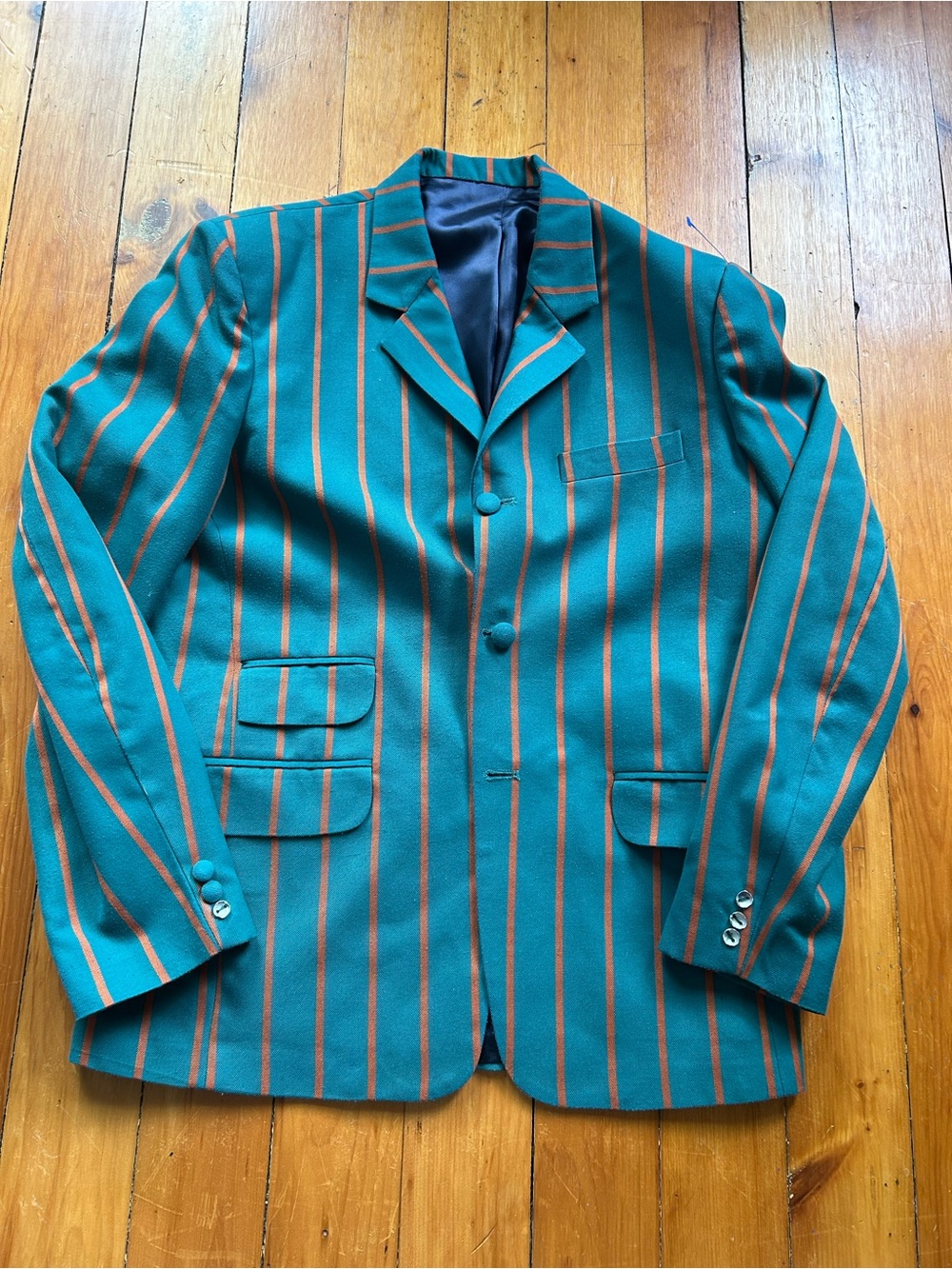Madcap England Offbeat 60s Mod Boating Blazer Teal 38 striped missing buttons